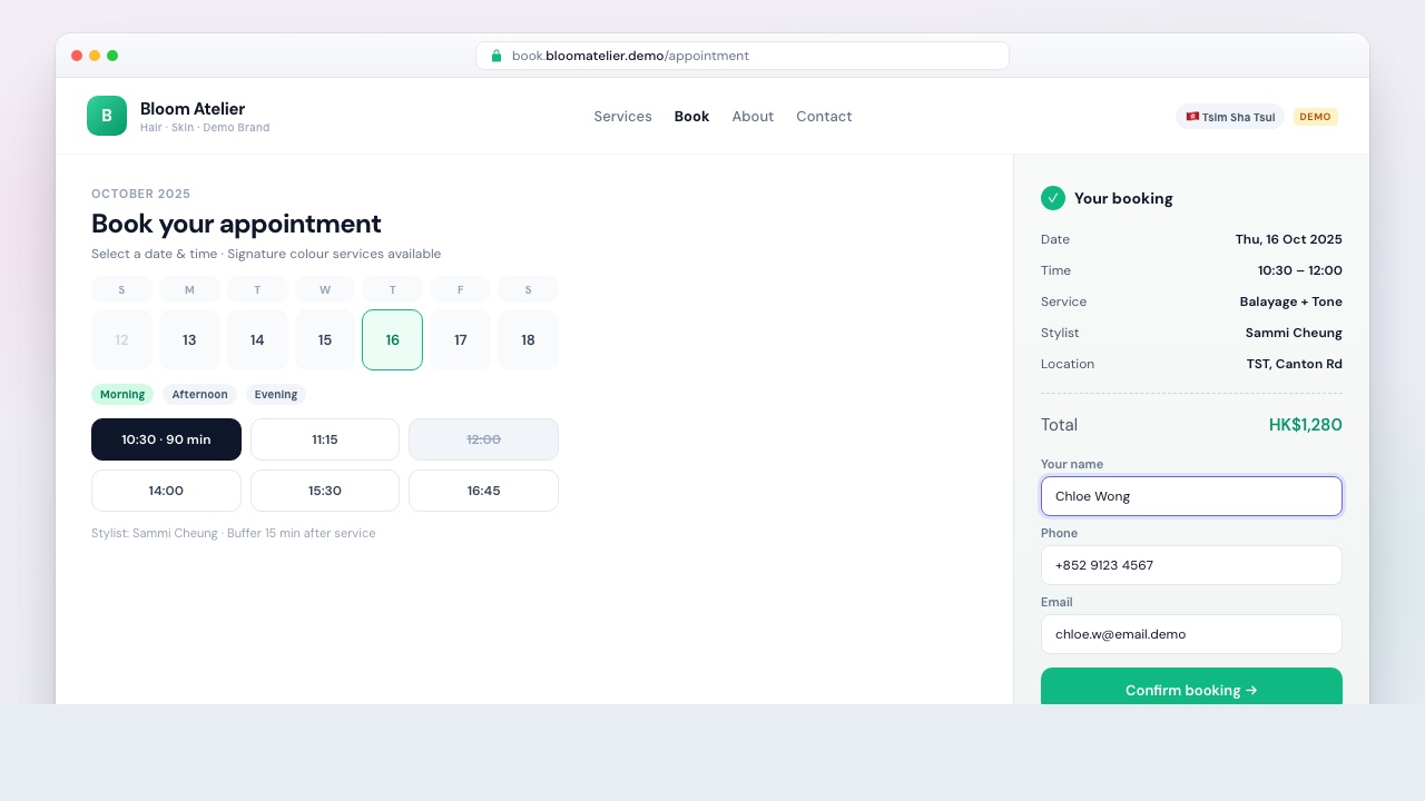 Fictional demo UI: Bloom Atelier online booking calendar with time slots and confirmation (not a real brand)
