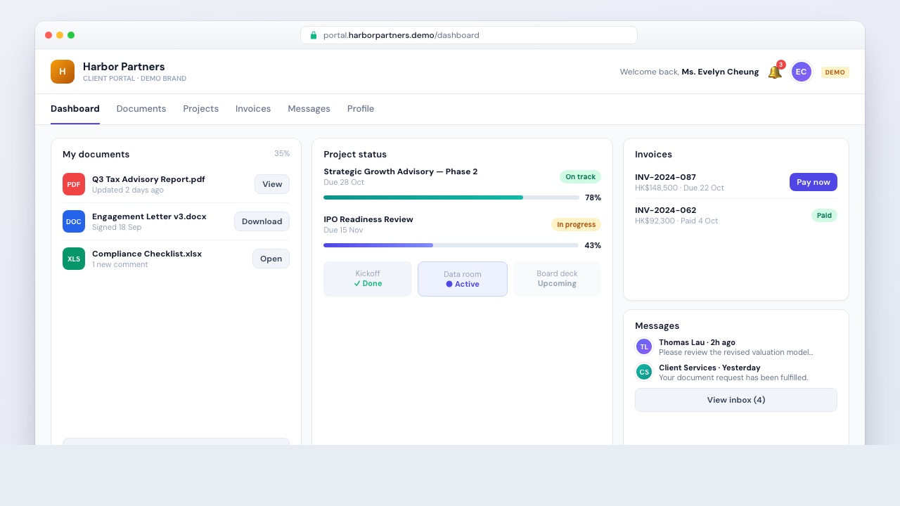 Fictional demo UI: Harbor Partners client portal (sample product pattern)