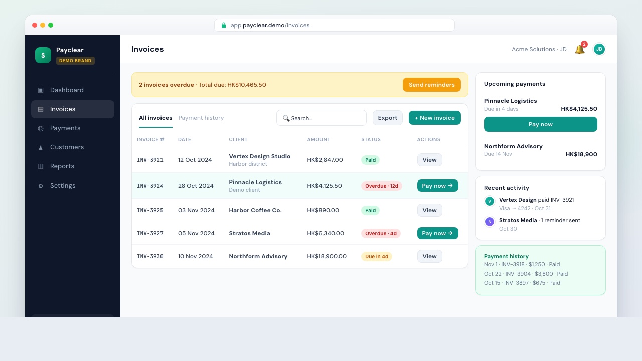 Fictional demo UI: Payclear invoice and payment portal with overdue alerts (not a real brand)