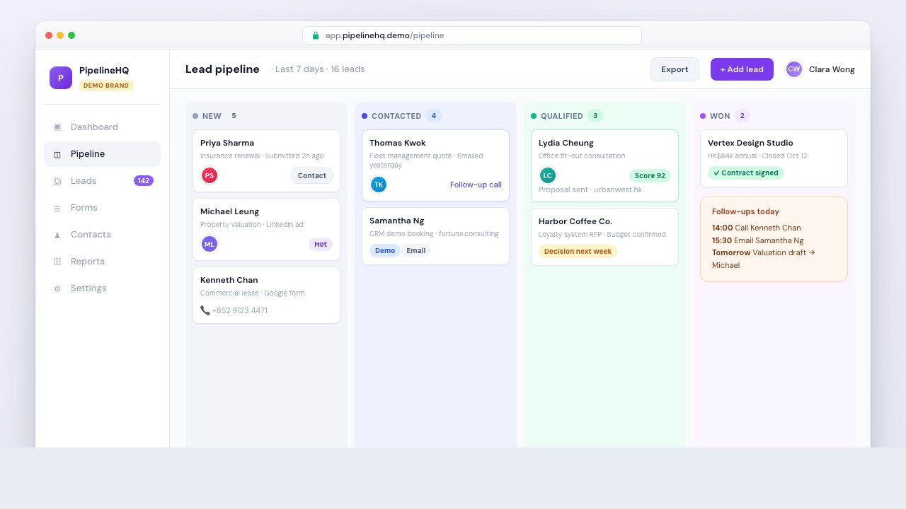 Fictional demo UI: PipelineHQ lead management kanban with enquiry pipeline stages (not a real brand)