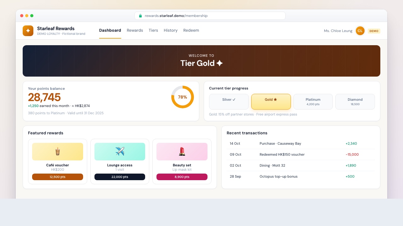 Fictional demo UI: Starleaf Rewards loyalty portal with points, tiers and redemptions (not a real brand)