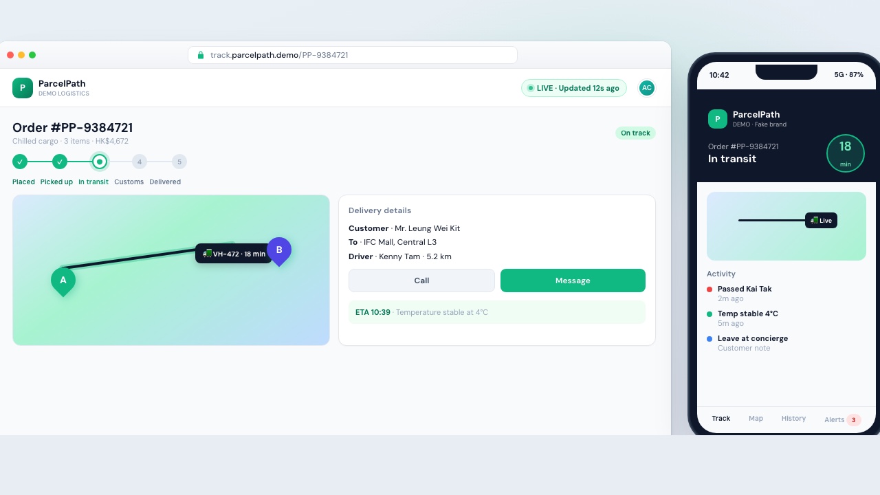 Fictional demo UI: ParcelPath real-time order tracking on desktop and mobile (not a real brand)