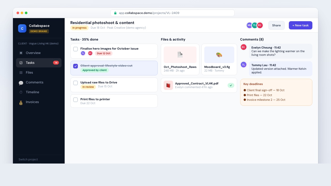 Fictional demo UI: Collabspace project portal with tasks, files and client comments (not a real brand)